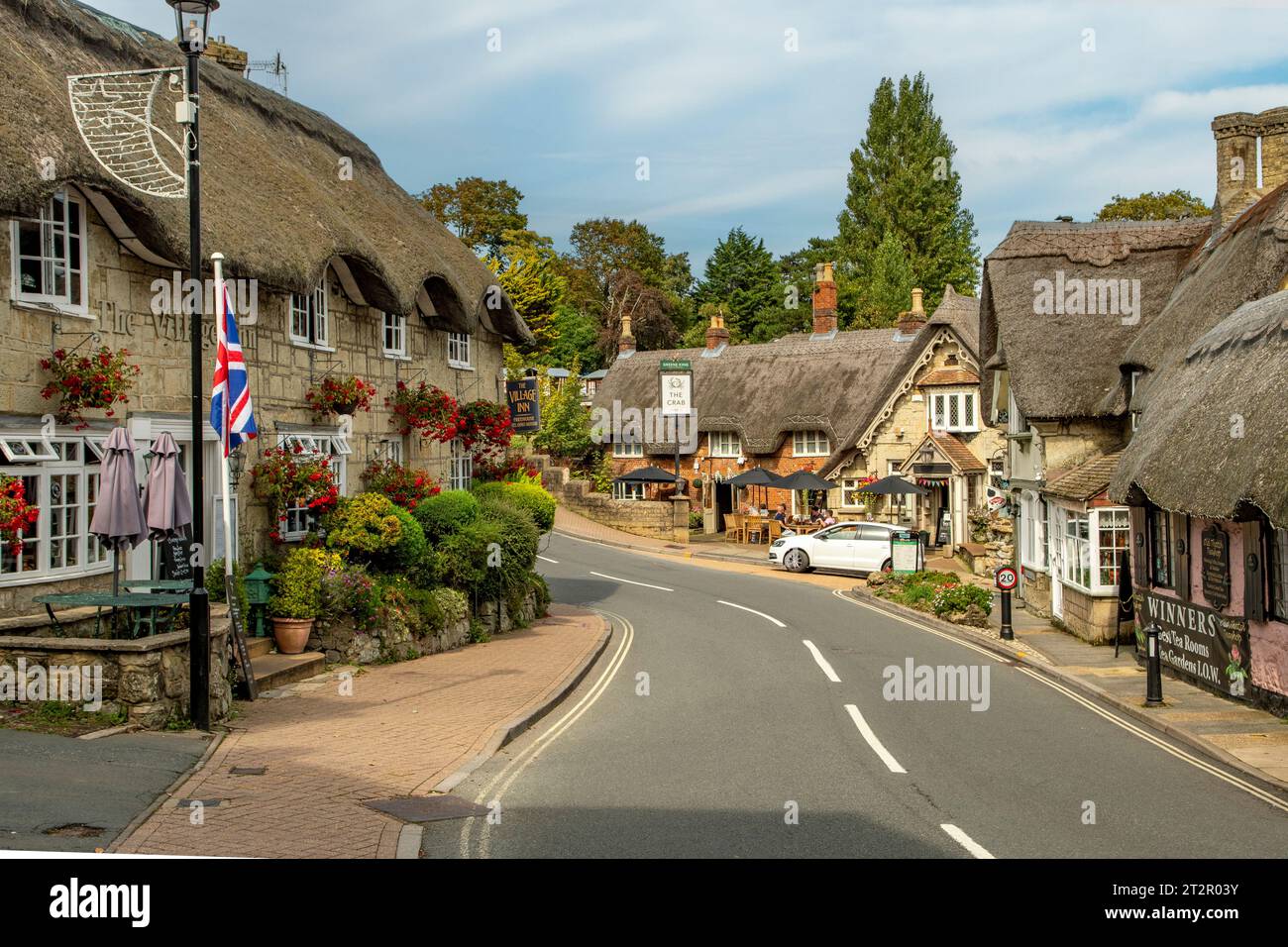 Alte strohgedeckte Hütten an der Main Road, Shanklin, Isle of Wight, England Stockfoto