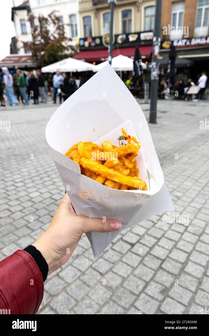 Belgische Pommes frites mit Dallas-Sauce aus dem Maison Antoine Frituur, Brüssel, Belgien Stockfoto