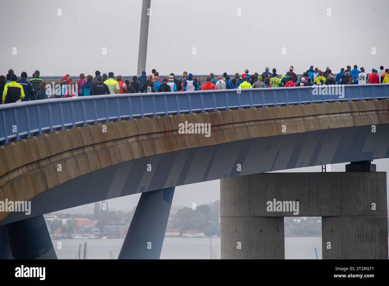 Stralsund, Deutschland. Oktober 2023. Die Läufer starten beim 15. Rügener Brückenmarathon. Der Rügenbrücken-Marathon verläuft über die neue Rügenbrücke in Stralsund und Altefähr, die 2007 eingeweiht wurde. Der Rügenbrücken-Marathon ist mit Tausenden von Teilnehmern eine der größten Sportveranstaltungen in Mecklenburg-Vorpommern. Quelle: Stefan sauer/dpa/Alamy Live News Stockfoto