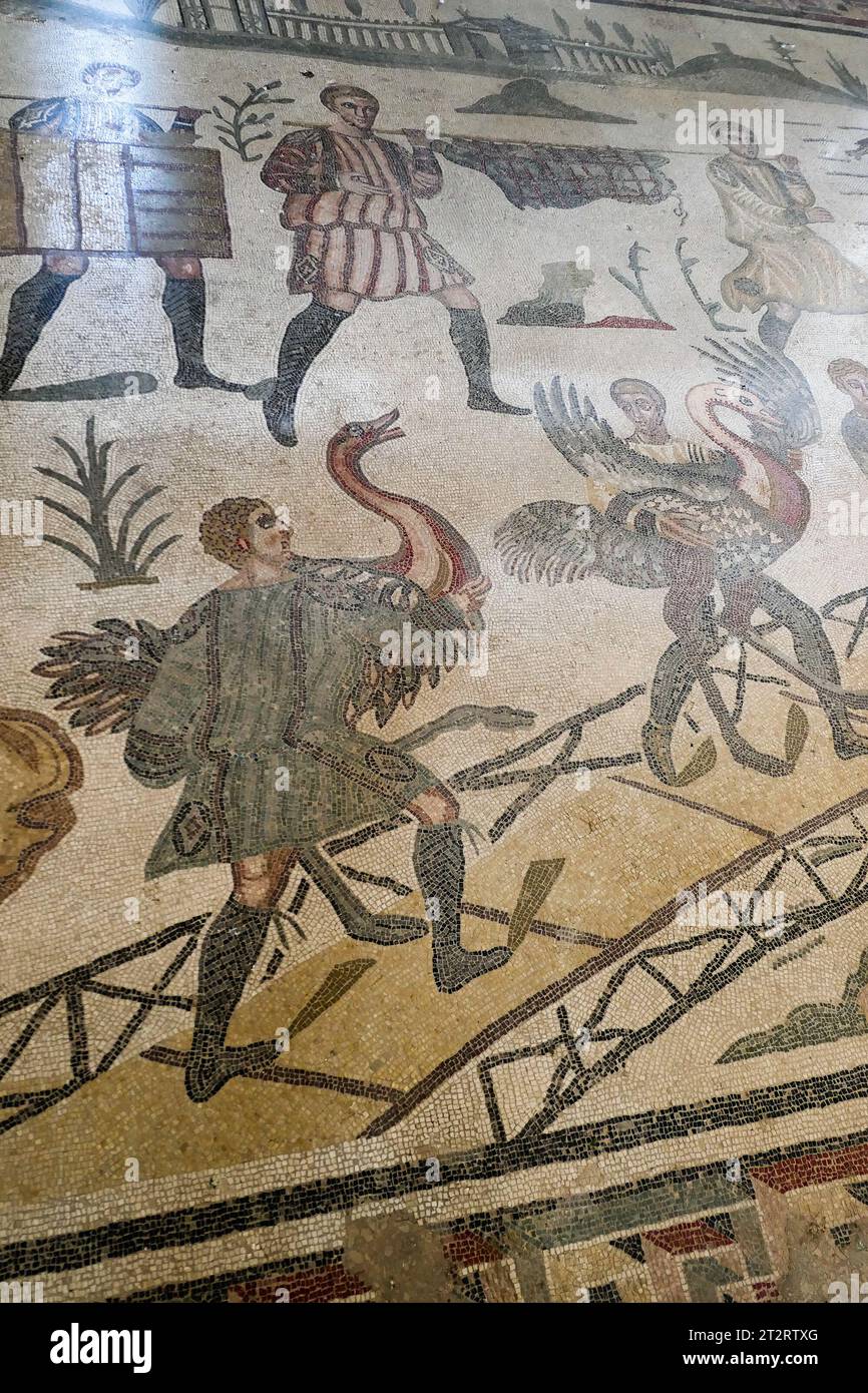 Mosaik im Korridor der Villa Romana del Casale Stockfoto