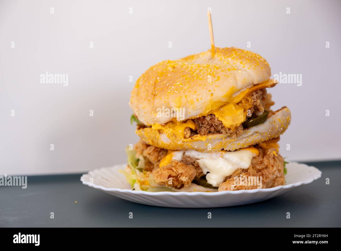 Chicken Burger mit Gurken, Brot, Sesam und Käse überall isoliert auf weißem Hintergrund mit Schüssel Stockfoto