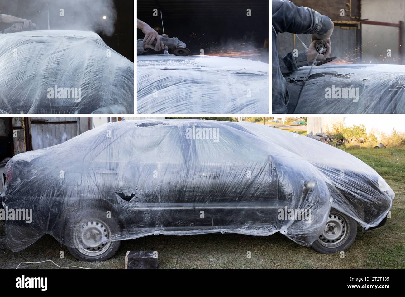 Collage mit einem kaputten Auto bedeckt mit einer Schutzfolie und Fotos mit dem Prozess des Schlitzens des Autodachs. Automobildienstleistungsbranche. Stockfoto