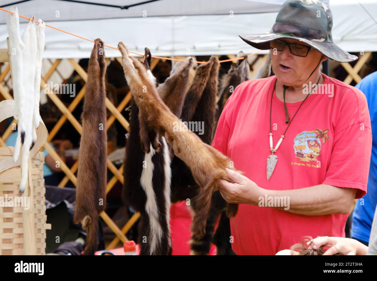 Ausstellung von Pelzen aus der traditionellen Mikmaq-Aborigine-Jagd, die an der Schlange bei der NAIG-Präsentation hängen Stockfoto