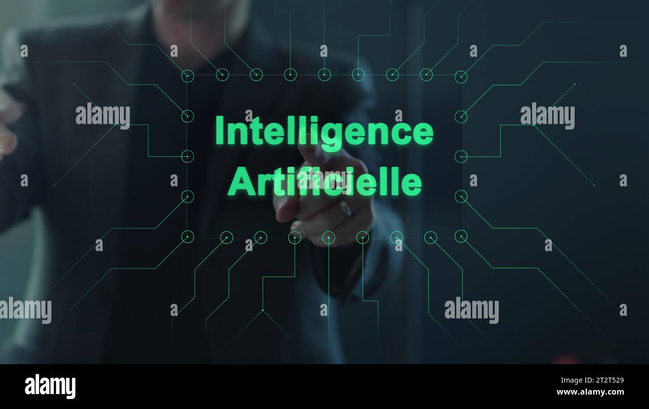 Intelligenz künstlich, Ein Mann Klick auf den französischen Text : künstliche Intelligenz, Front to a Device. KI auf einem Bildschirm, zentrale Komposition. Stockfoto
