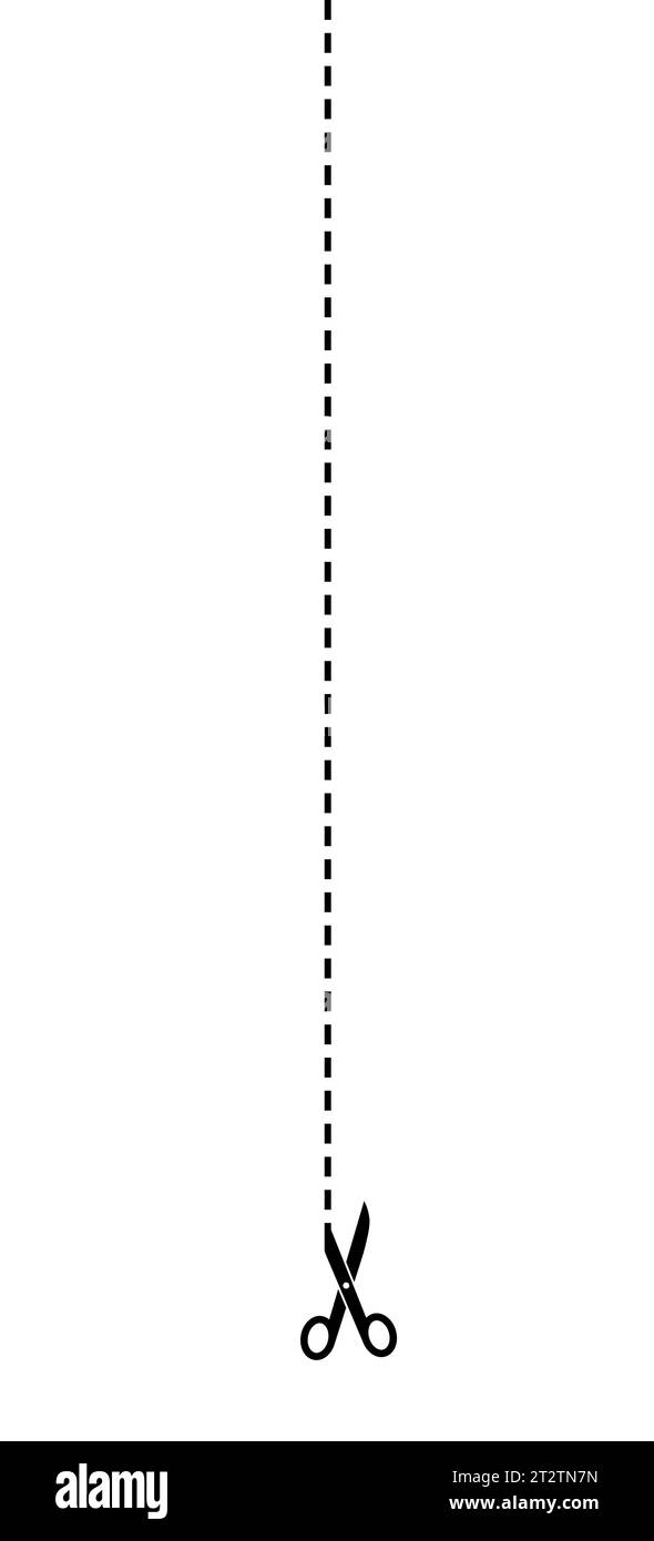 Schere mit Punktlinie. Schwarze Schere isoliert auf weißem Hintergrund. Coupon ausschneiden. Band abschneiden. Trennelement. Schere mit Band. Strichrahmen Stock Vektor