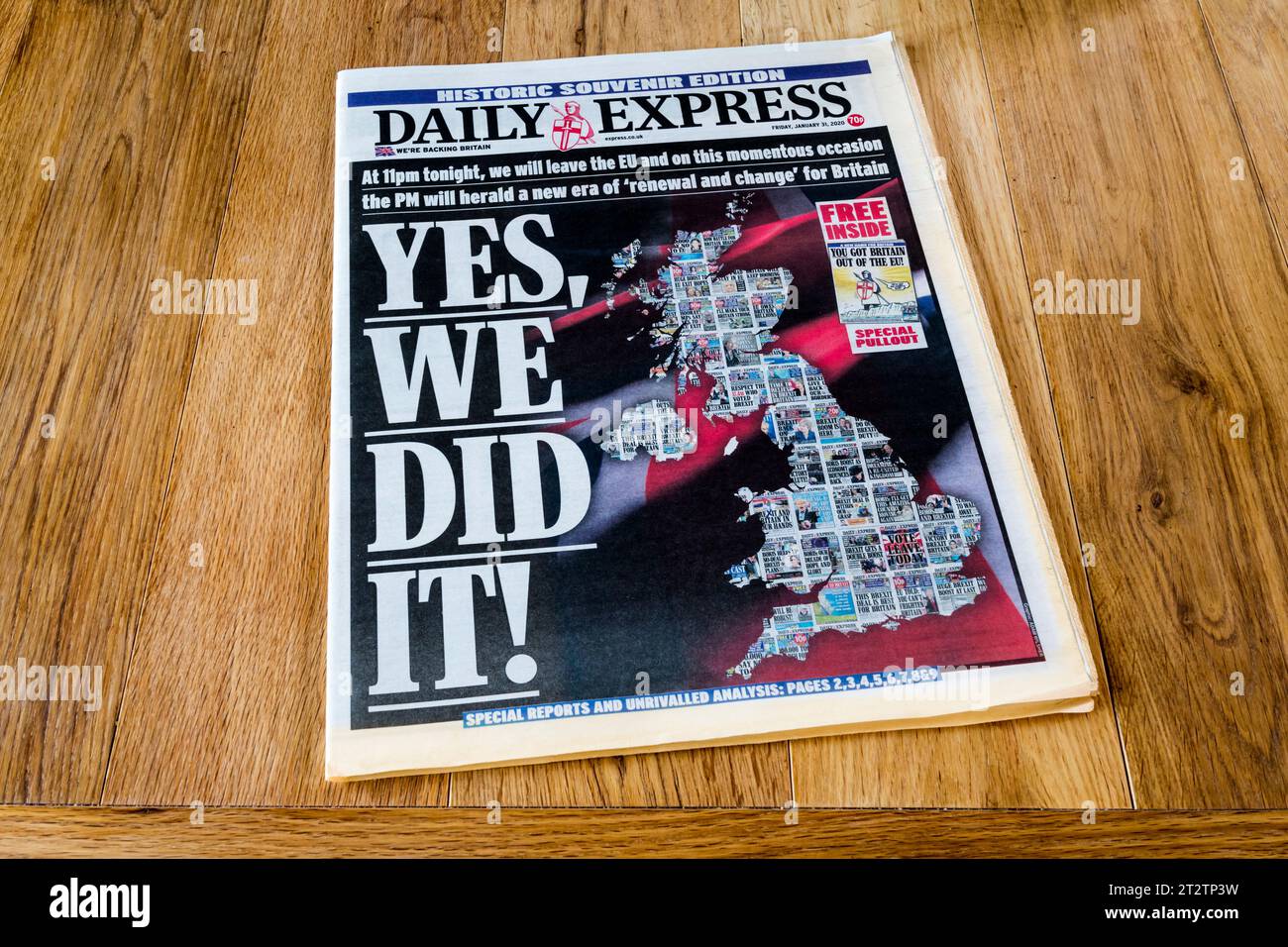 31. Januar 2020. Die Titelseite der Tageszeitung Daily Express am Tag des Austritts Großbritanniens aus der EU. Stockfoto