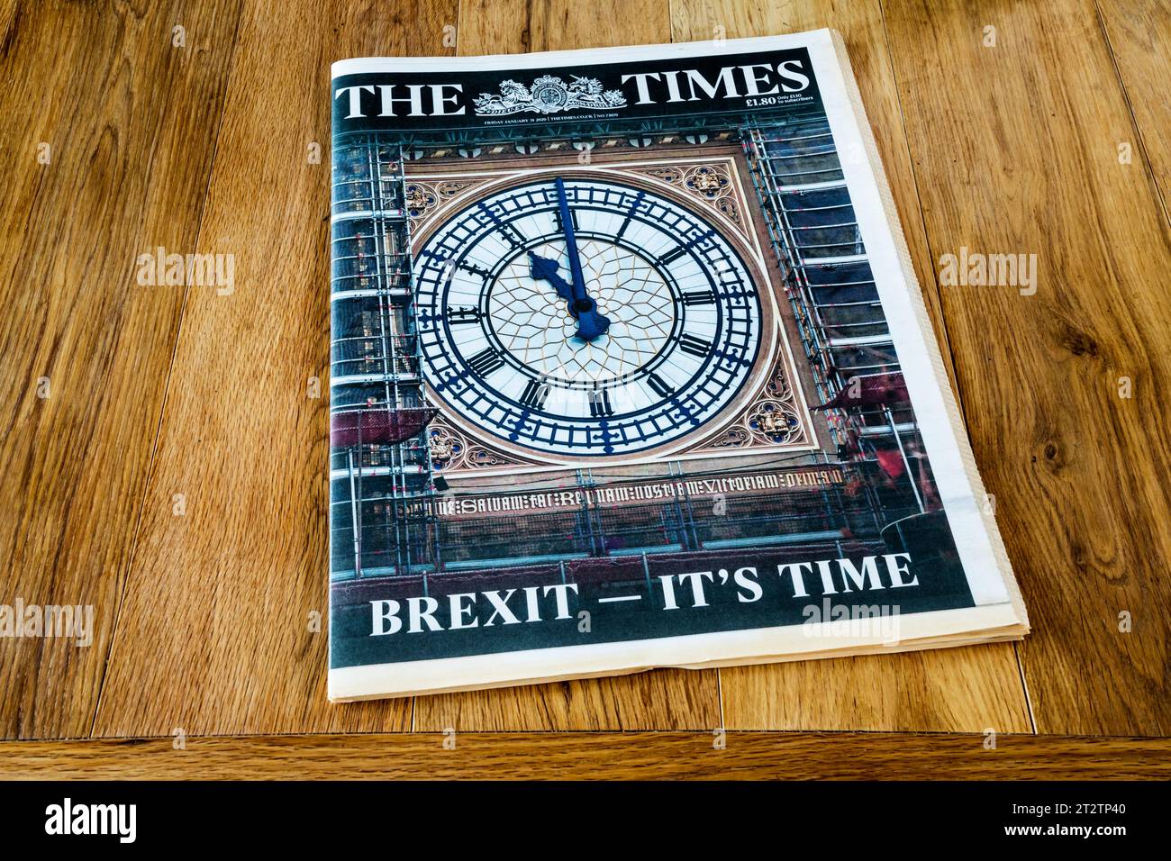 31. Januar 2020. Die Titelseite der Zeitung Times am Tag des Austritts Großbritanniens aus der EU. Stockfoto