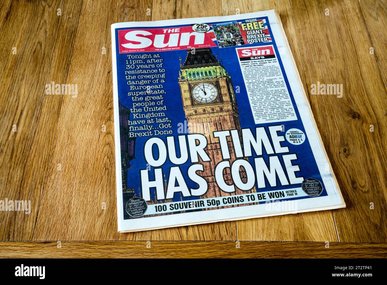 31. Januar 2020. Die Titelseite der Sun-Zeitung am Tag des Austritts Großbritanniens aus der EU. Stockfoto