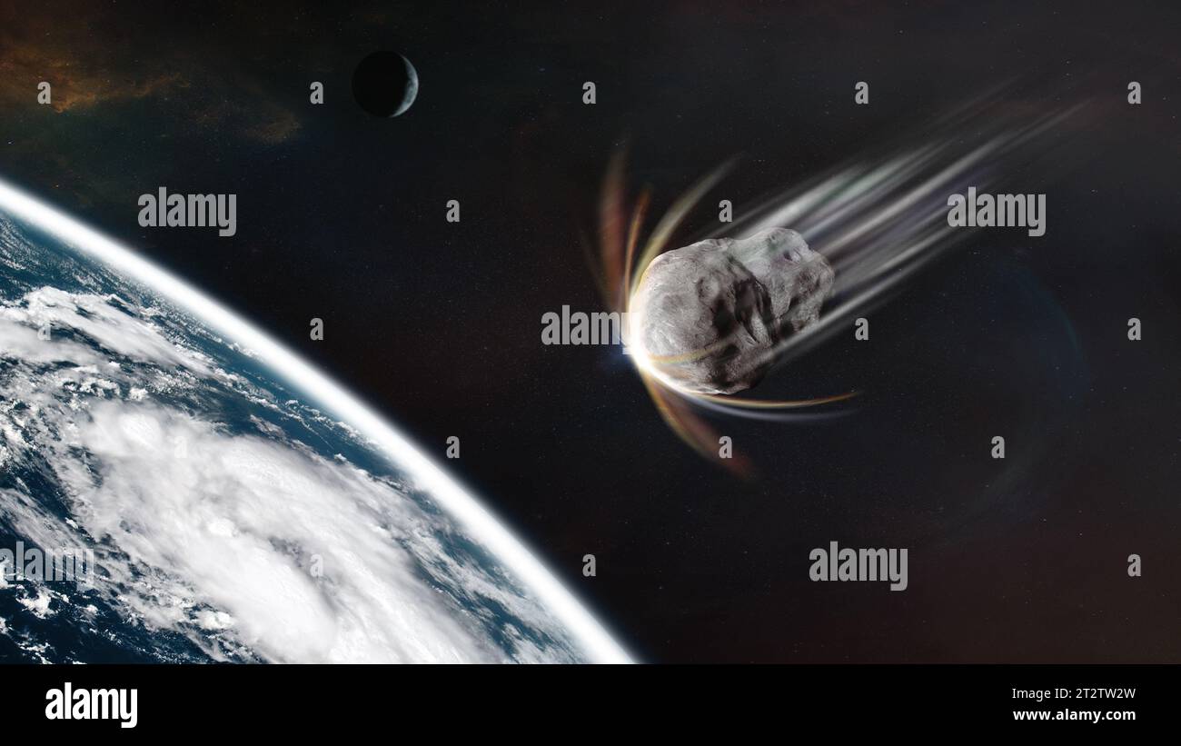 Planet Erde und großer Asteroid im Weltraum. Meteorit im Weltraum in der Nähe des Planeten Erde. Elemente dieses Bildes, bereitgestellt von der NASA. Stockfoto