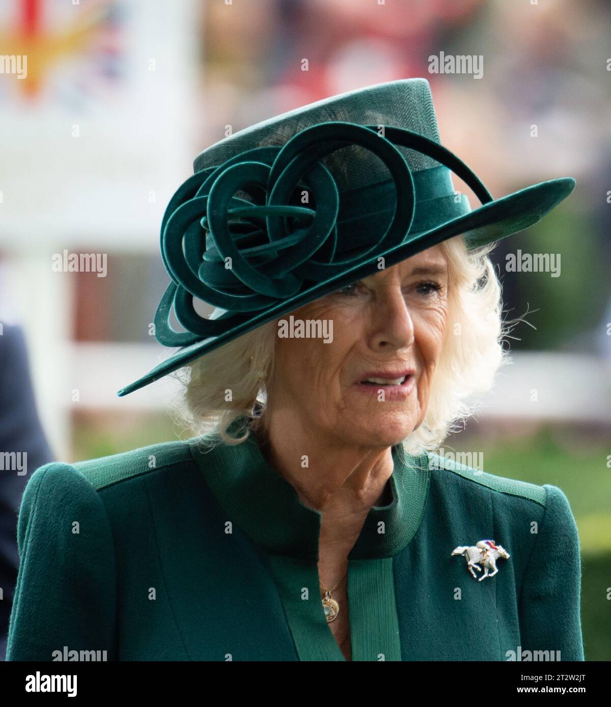 Ascot, Berkshire, Großbritannien. Oktober 2023. Königin Camilla besuchte heute den QIPCO Briitish Champions Day auf der Ascot Racecourse. Sie sieht die Pferde im Paradering und studiert die Form. Zu ihr gesellten sich John Warren, der Rennleiter des Königs und der Königin, seine Frau Carolyn Warren, seine Freundin Lady Sarah Keswick und Sir Francis Brooke, der Repräsentant und Vorsitzender seiner Majestät. Königin Camilla trug einen dunkelgrünen Mantel und einen passenden Hut sowie Stiefel. Sie trug auch eine Brosche mit einem Jockey, der auf einem Pferd in den königlichen Rennseidenfarben des Königs und der Königin reitete. Kredit: Maureen McLean/Alamy L. Stockfoto