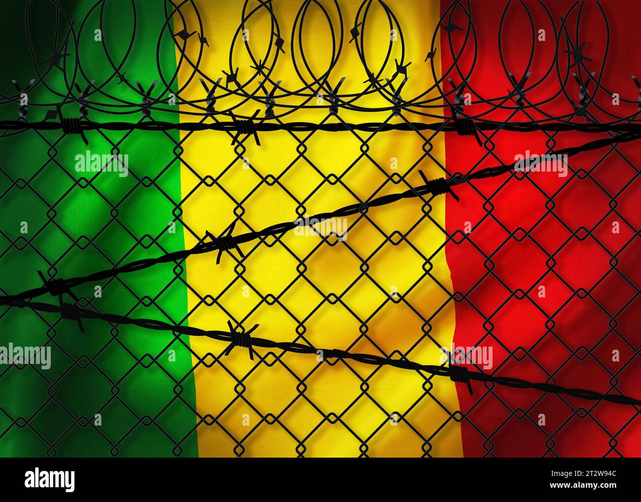 Mali-Flagge hinter Stacheldraht und Metallzaun Stockfoto