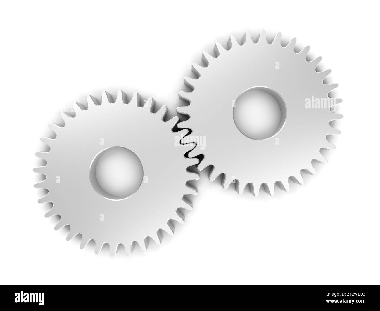 Zwei Zahnräder isoliert auf weißem Hintergrund. Zahnrad. 3D-Abbildung. Stockfoto