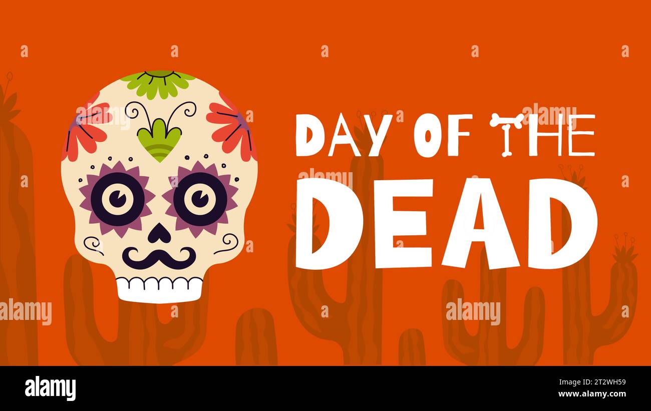 Horizontales Poster zum mexikanischen Tag der Toten. Grußkarte des Nationalfestivals Dia de Los Muertos mit farbenfroher Schrift und Totenkopf. Mexiko traditionelle Karneval Banner Vektor eps Design Vorlage Stock Vektor
