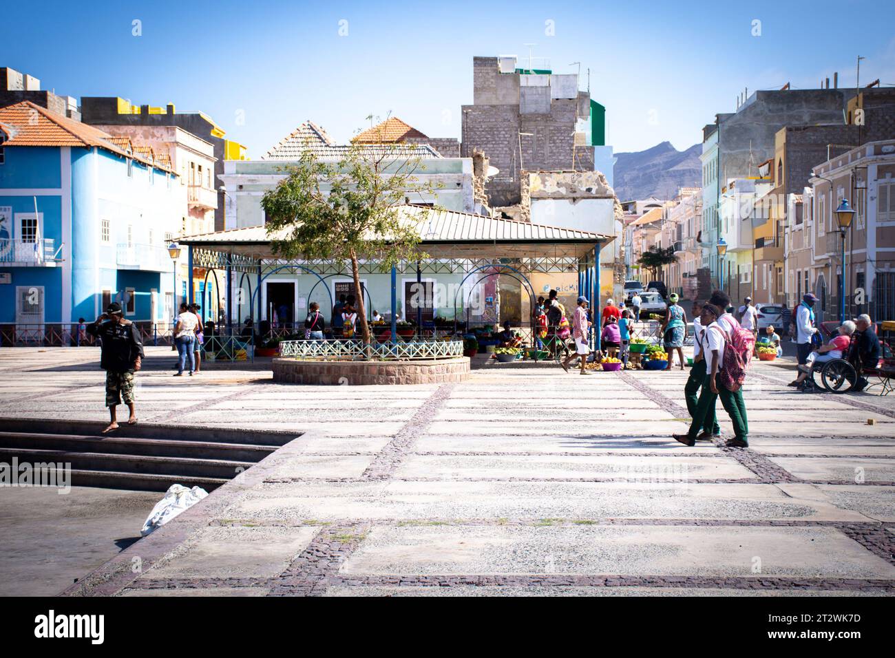 Cabral, Straßenszene die Kap Verde, Kapverden, Barlavento, Terrasse, Wohnhäuser, Häuser, außerhalb der Kapverdischen Inseln, Insel, Sao Vicente, Verstand Stockfoto