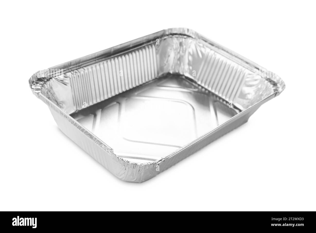 Ein Behälter aus Aluminiumfolie isoliert auf weiß Stockfoto