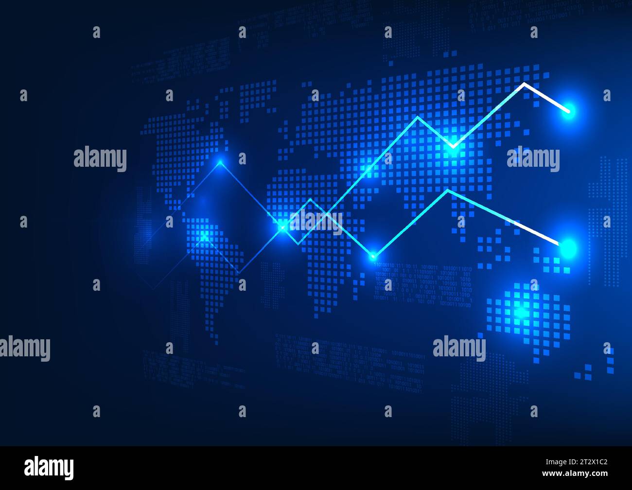 Die Welt-Karten-Technologie und die Aktiendiagramme auf der Rückseite sind ein Zahlencode. Bezieht sich auf die Preise der Weltwirtschaft, die ständig schwanken. Stock Vektor