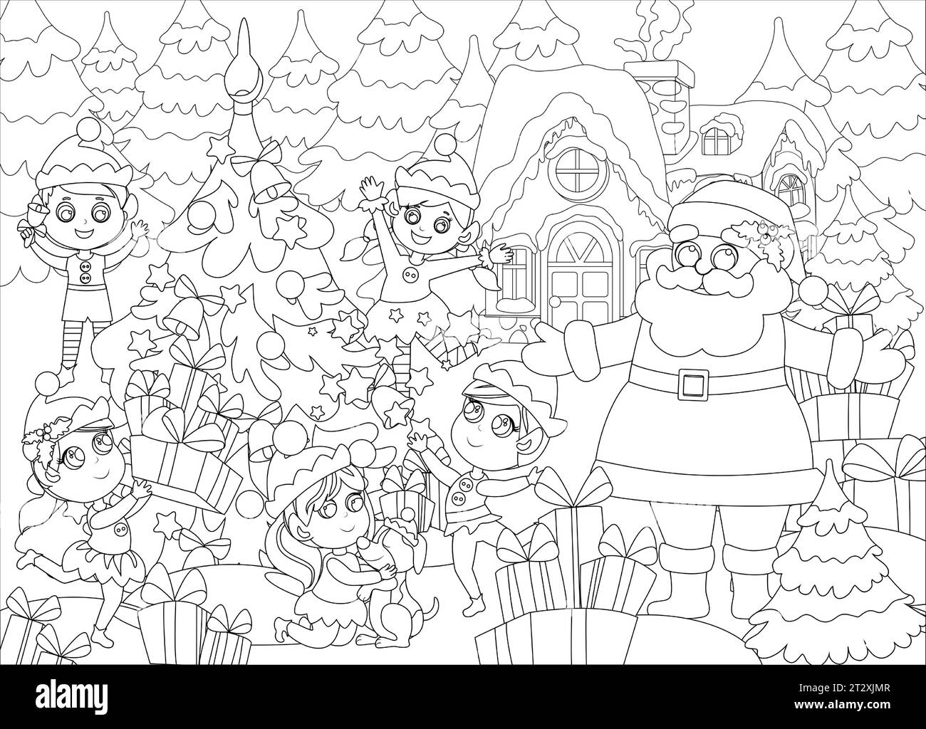 Ausmalseiten. Santa Claus mit Elfen draußen in der Nähe des Weihnachtsbaums. Winterlandschaft in der Nähe des Schneehauses des Weihnachtsmanns. Stimmung des Glücks und der Freude. Stock Vektor