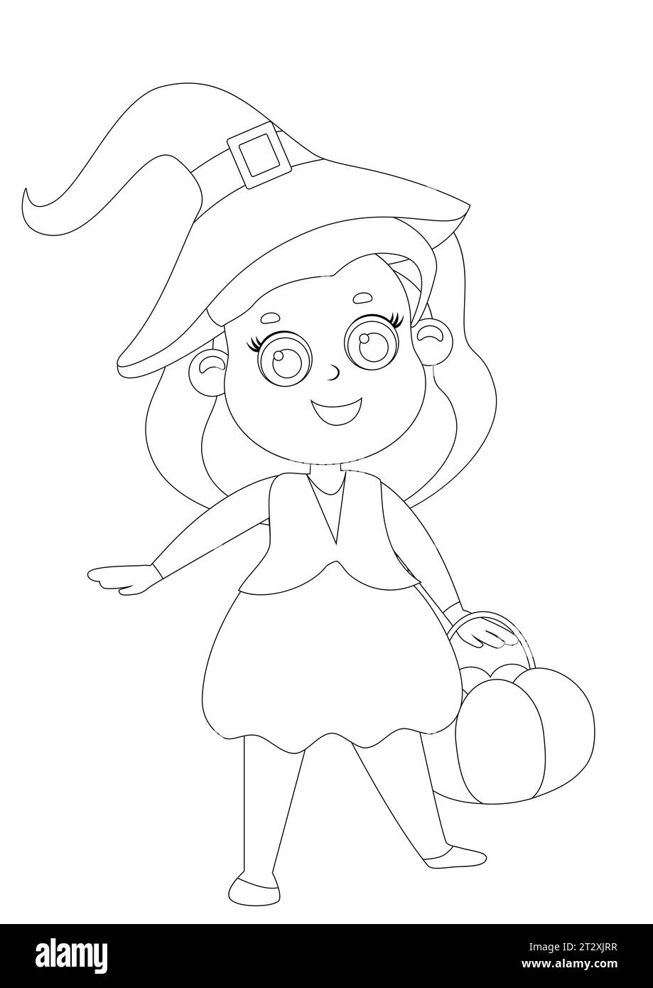 Ausmalseiten. Kleines glückliches Mädchen mit rotem Haar in einem Hexenkostüm mit einem Korb in den Händen. Halloween-Illustration im Cartoon-Stil. Stock Vektor