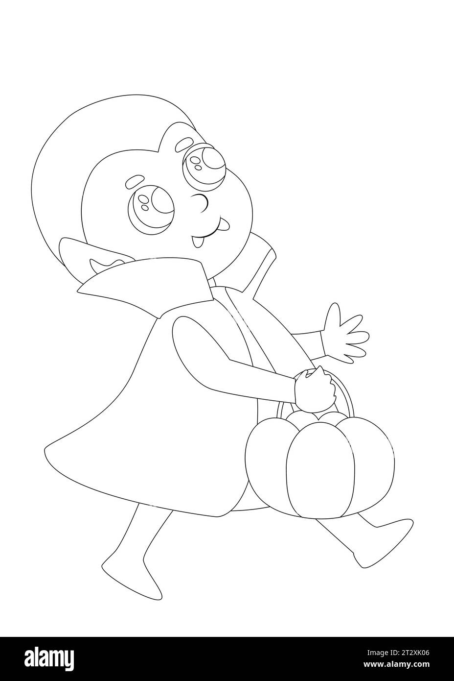 Ausmalseiten. Ein kleines süßes Kind, das als Vampir oder Graf Dracula verkleidet ist, geht fröhlich mit einem Süßigkeiten-Kürbiskorb. Halloween-Charakter. Stock Vektor