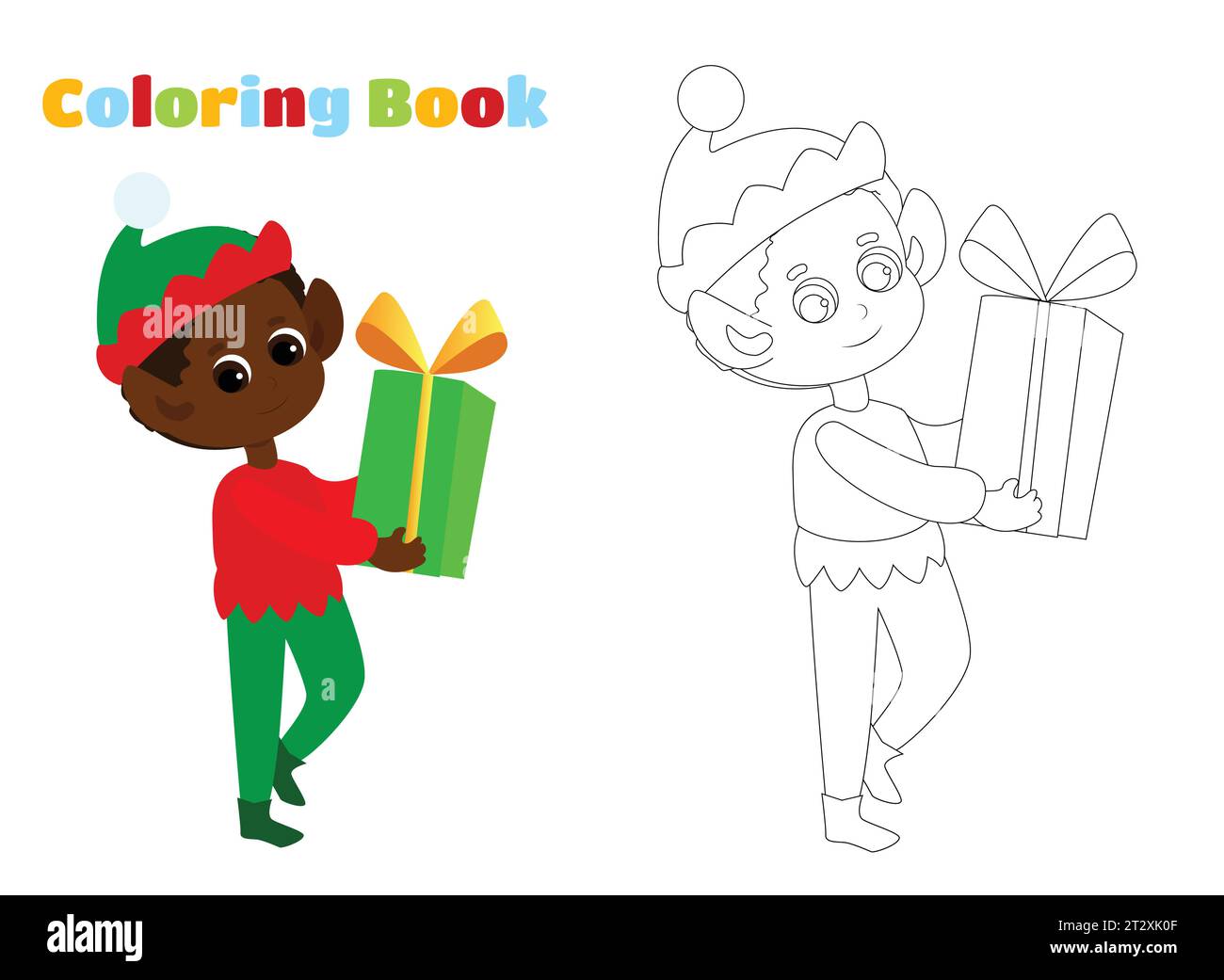 Ausmalseite. Glücklicher süßer Elf hält eine Schachtel mit einem Geschenk in der Hand. Das Kind ist sehr glücklich. Weihnachtsvektor-Illustration im Cartoon-Stil. Stock Vektor