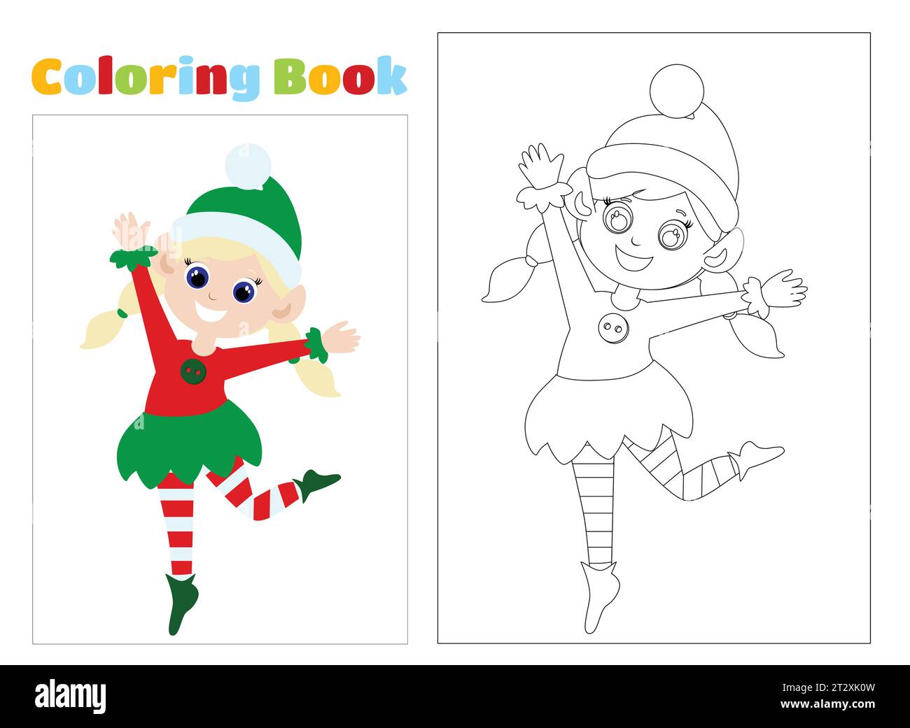 Ausmalseite. Das kleine süße Elfenmädchen springt vor Freude. Das Kind trägt ein Elfenkostüm und ist glücklich. Illustration des Zeichentrickvektors. Stock Vektor