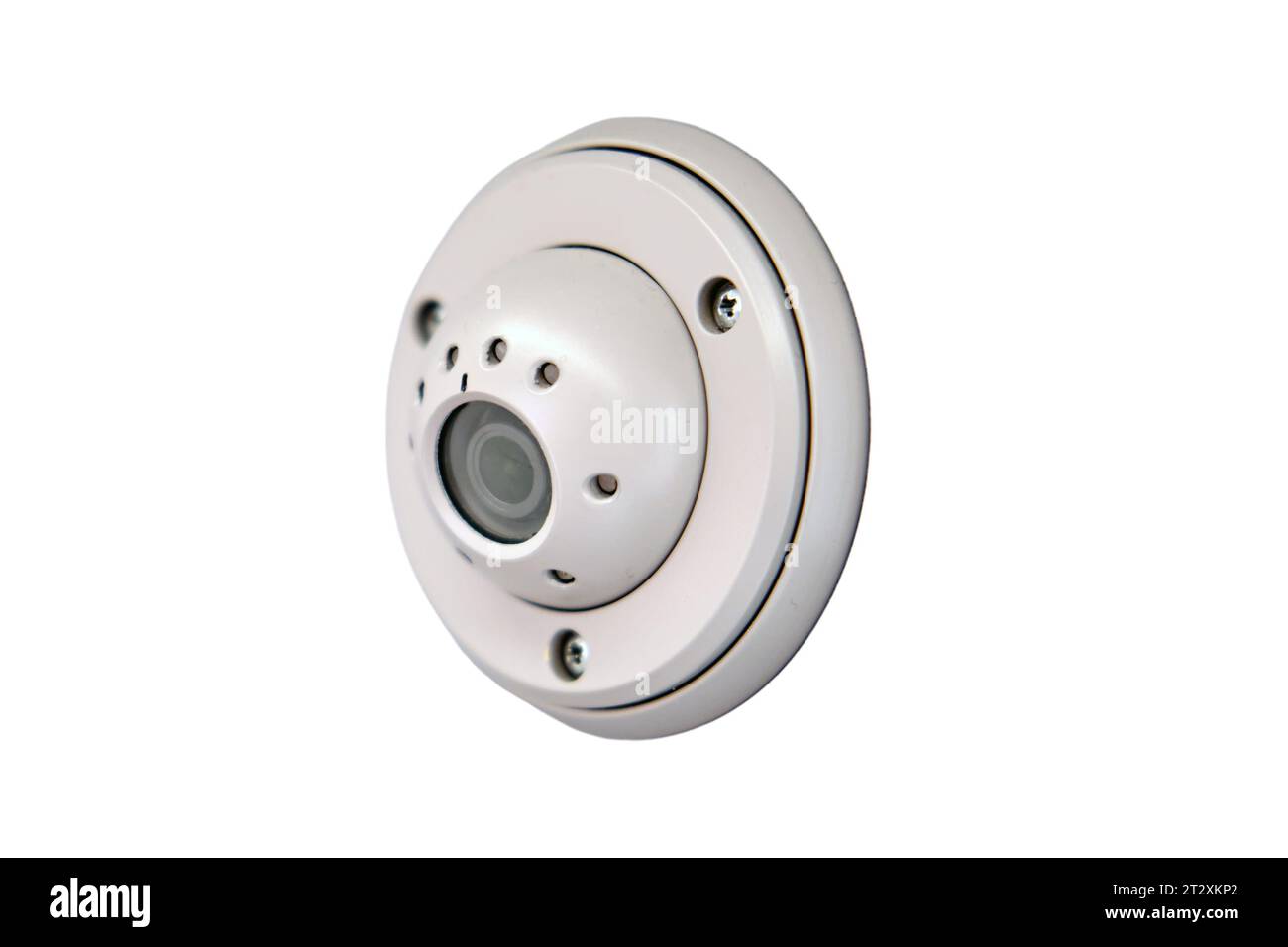 Das elektronische Sicherheitssystem umfasst eine CCTV-Kamera, die den Bahnhof auf verdächtige Aktivitäten überwacht, isoliert auf weißem Hintergrund. Stockfoto