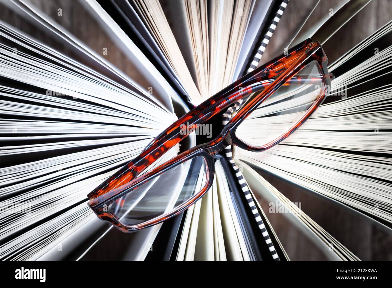Lesebrillen werden auf die Bücher gelegt, aufgefächert. Blick von oben. Stockfoto