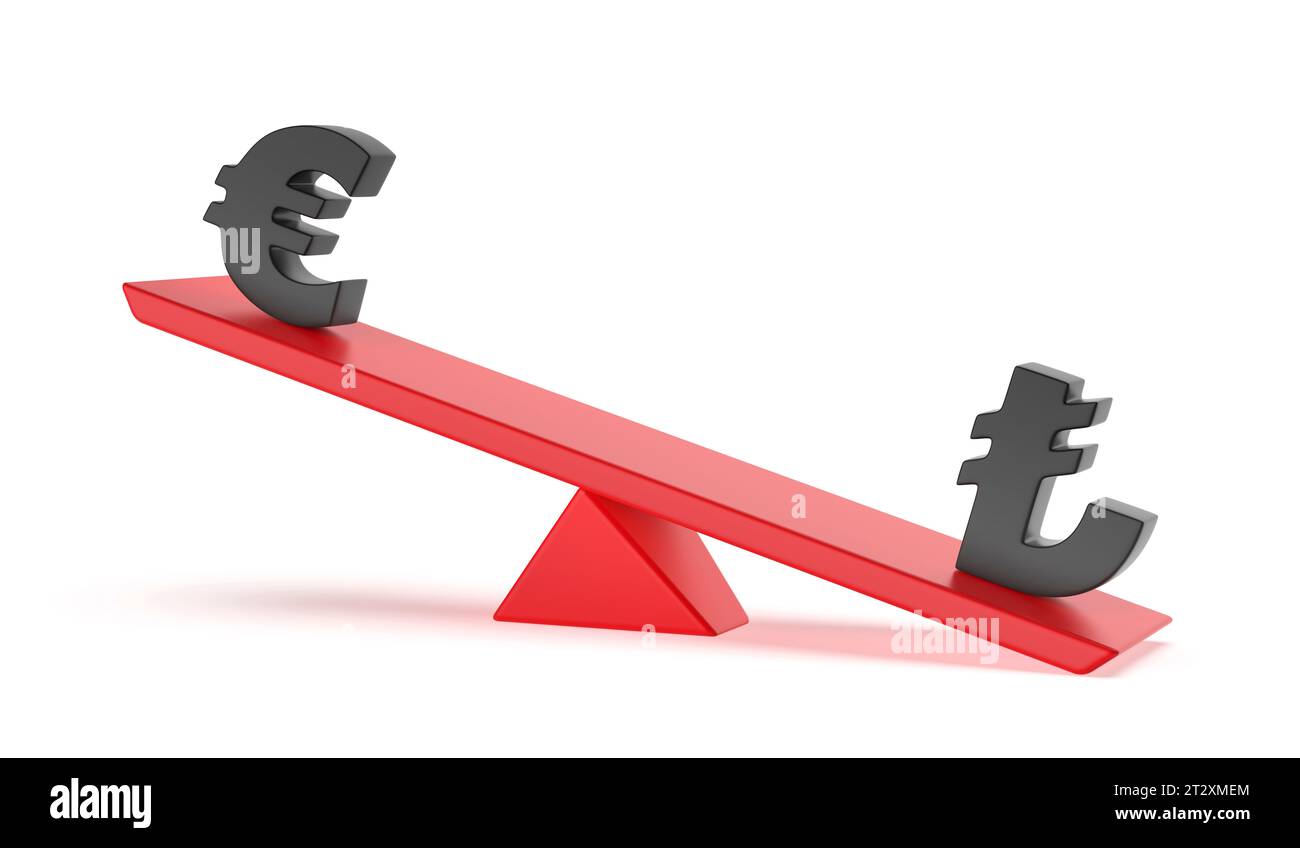 Türkische Lira gegen Euro auf Wippe. Konzeptbild für Ungleichgewicht zwischen Währungen. Stockfoto