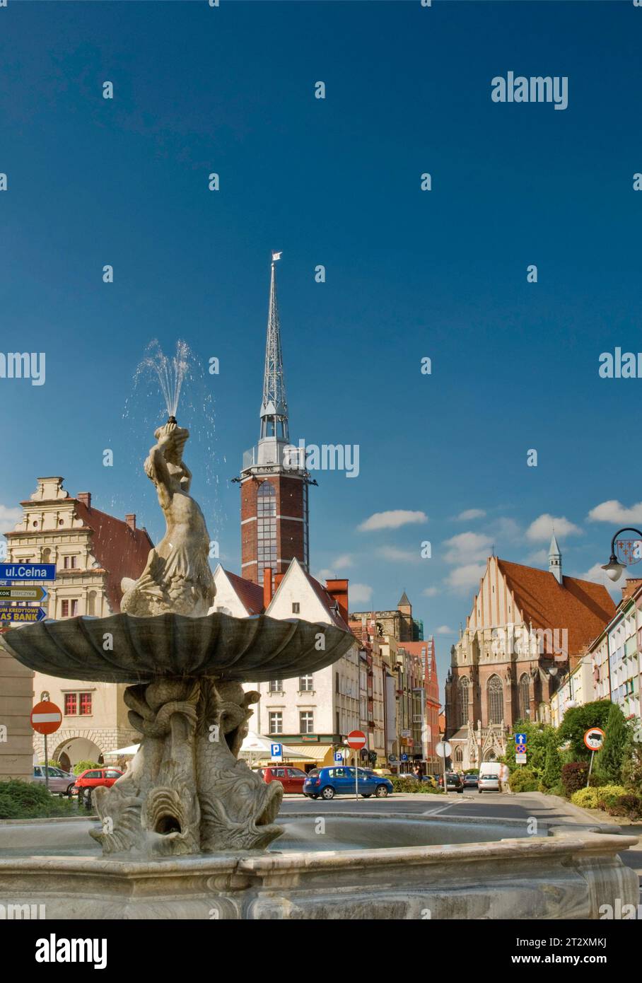 Triton-Brunnen und Turm des neuen Rathauses am Rynek (Marktplatz) in Nysa, Opolskie, Polen Stockfoto