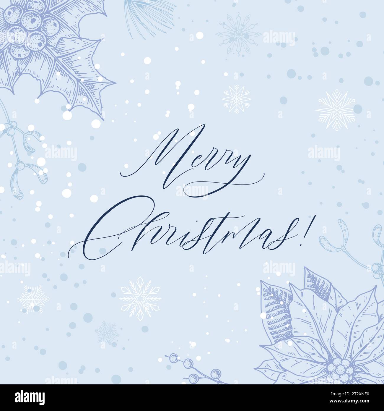Frohe Weihnachten und Happy New Year Grußkarte mit blauem Quadrat. Vorlage für Social-Media-Beiträge. Hand gezeichneter Sintergrund mit Sketch Botanik-Elem Stock Vektor