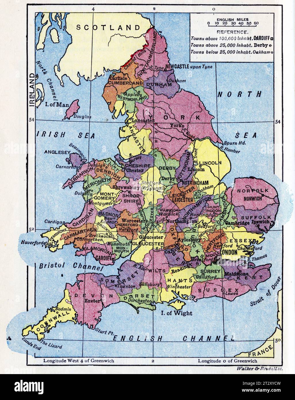 Landkarte von England um 1910 aus einem Lehrbuch für die Geographie der Schule Stockfoto