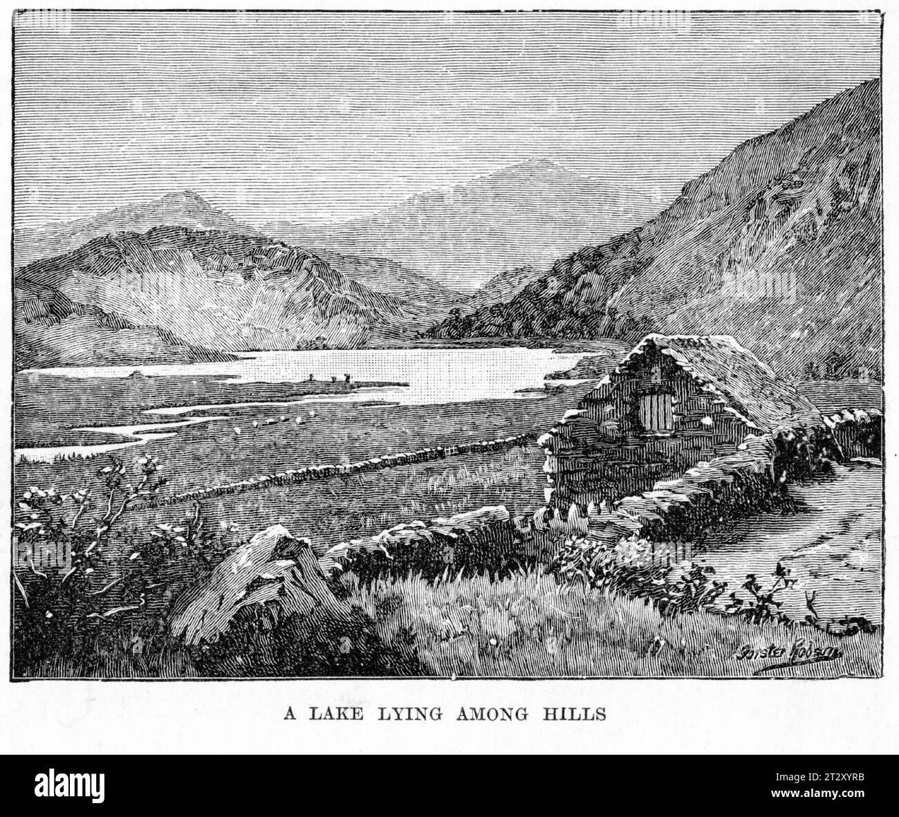 Gravierte Illustration aus einem Geographiebuch, das einen See zwischen den Hügeln zeigt, um 1900 Stockfoto