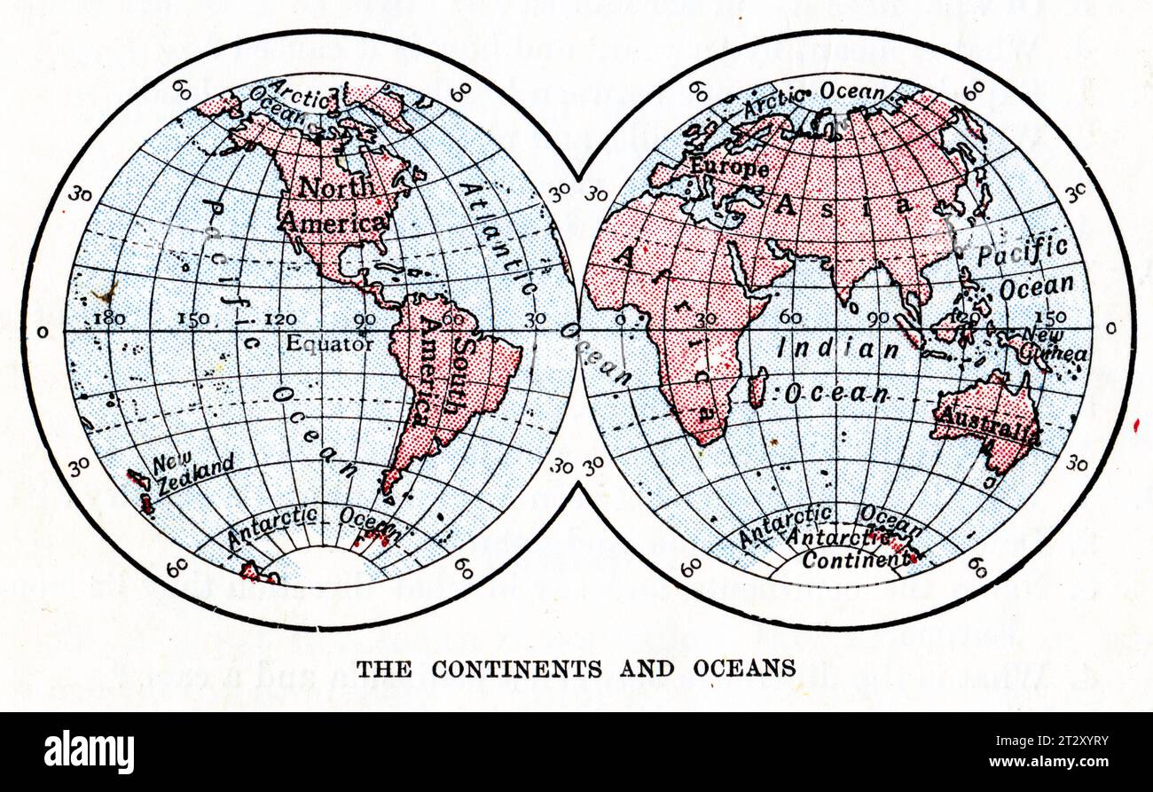 Weltkarte um 1910 aus einem Lehrbuch für die Geographie der Schule Stockfoto
