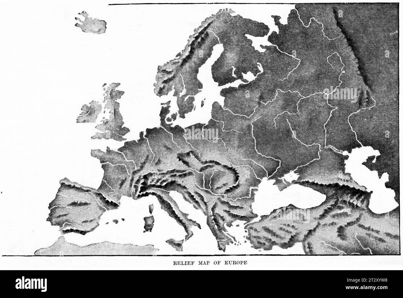 Relief-Karte von Europa um 1910 aus einem Schulgeographie-Lehrbuch Stockfoto