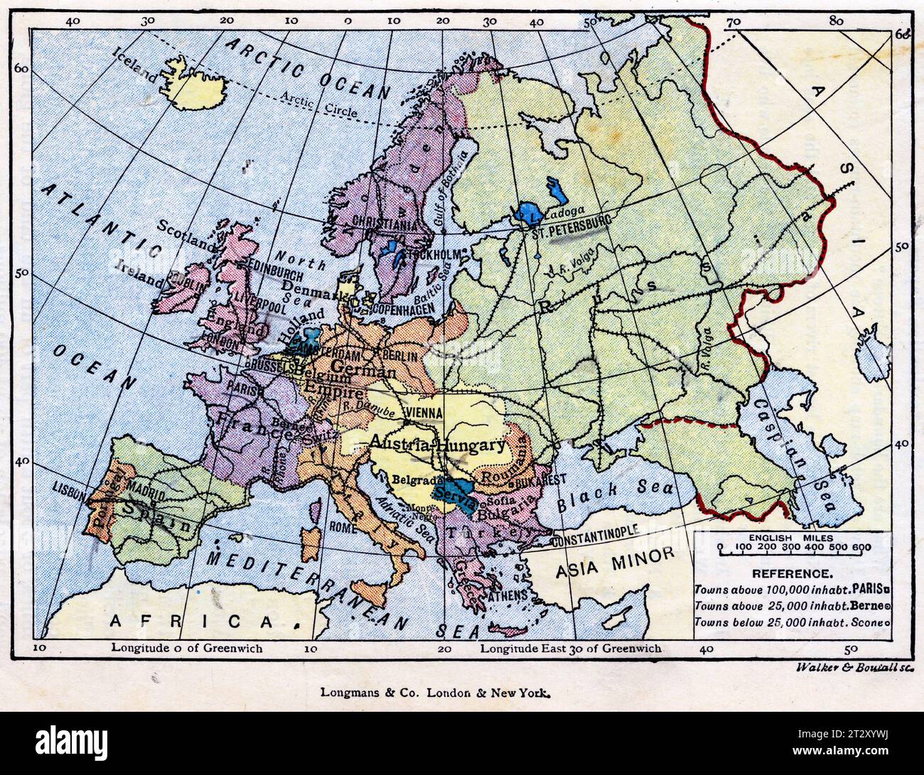Karte von Europa um 1910 aus einem Lehrbuch für die Geographie der Schule Stockfoto