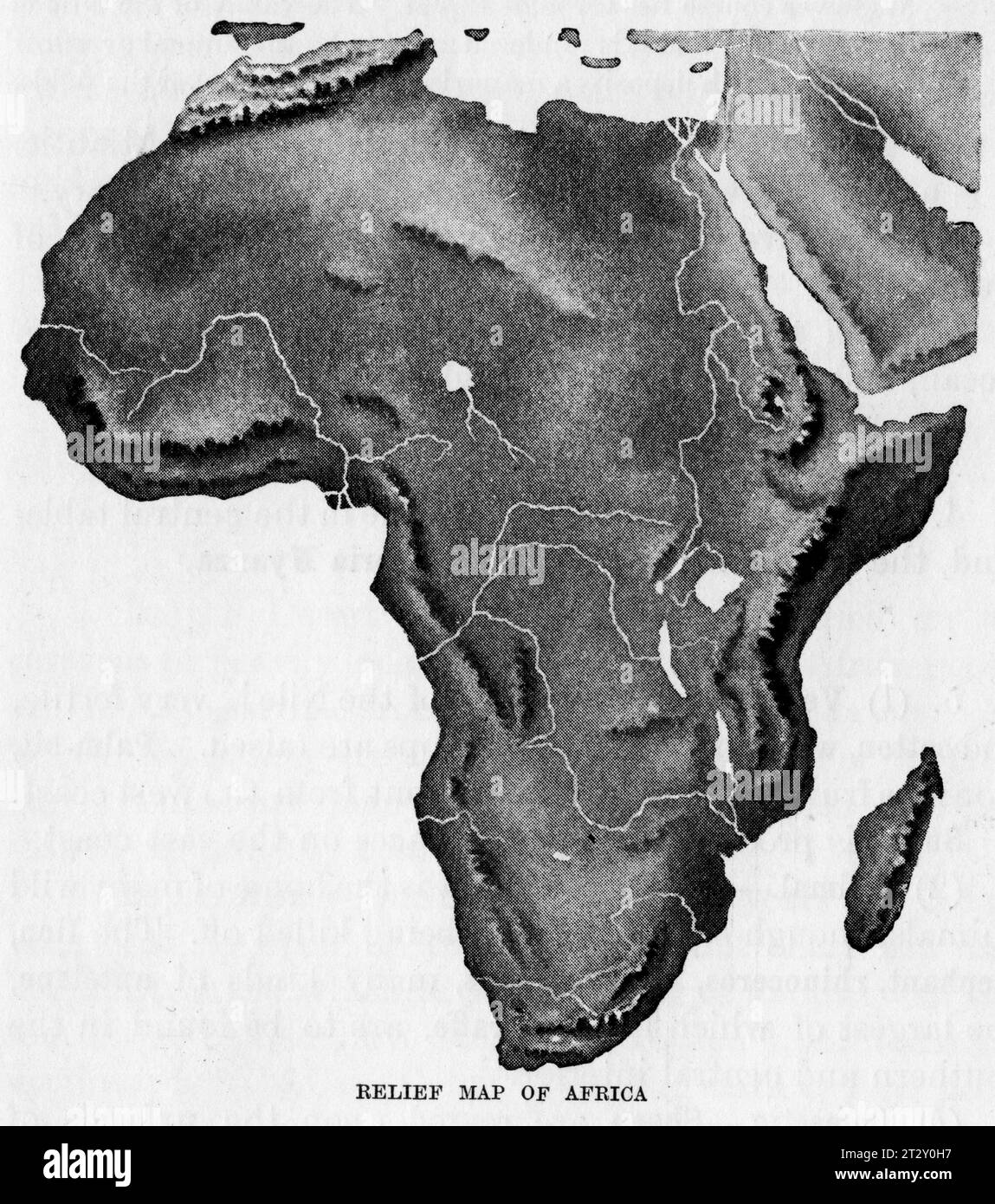 Reliefkarte Afrikas um 1910 aus einem Schulgeographie-Lehrbuch Stockfoto