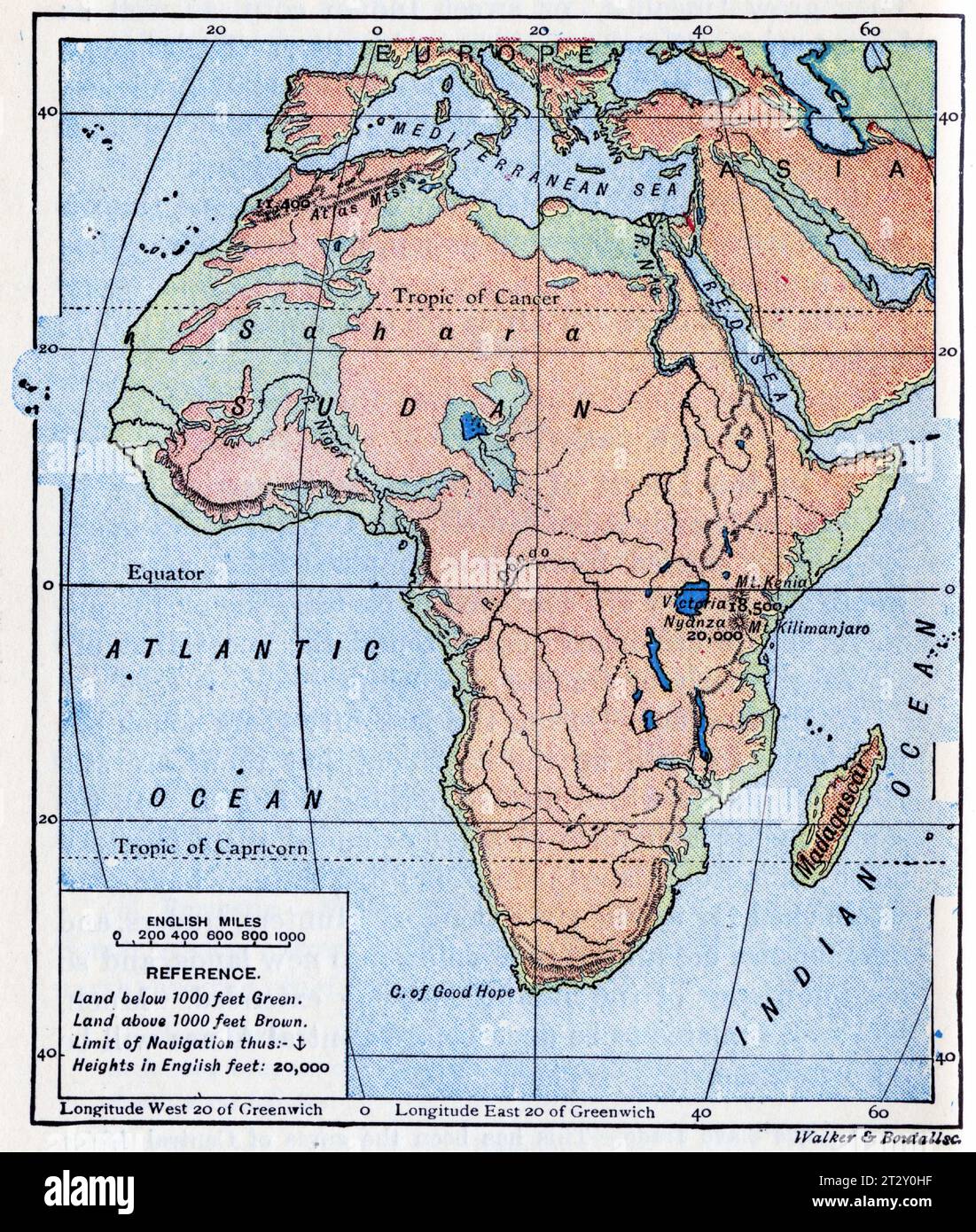 Karte von Afrika um 1910 aus einem Lehrbuch für die Geographie der Schule Stockfoto