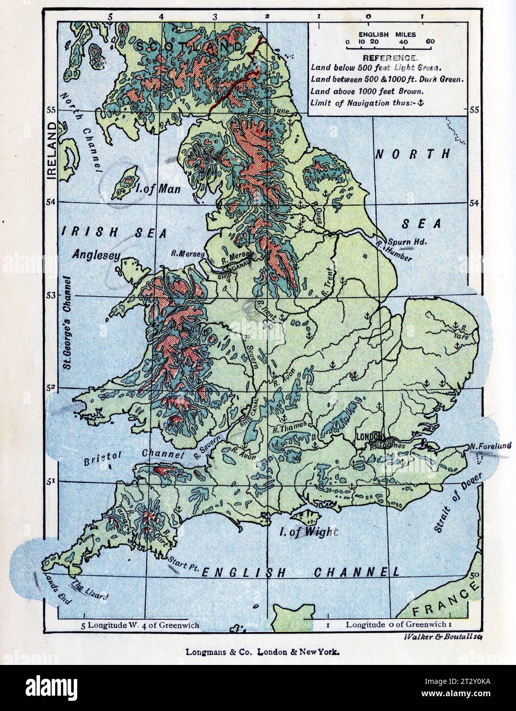 Landkarte von England um 1910 aus einem Lehrbuch für die Geographie der Schule Stockfoto