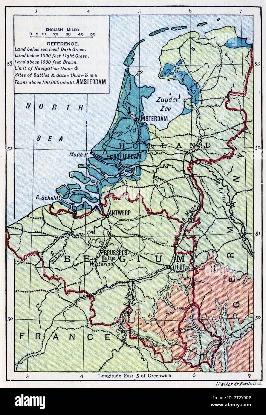 Karte der Niederländer in Europa um 1910 aus einem Schulgeographie-Lehrbuch Stockfoto