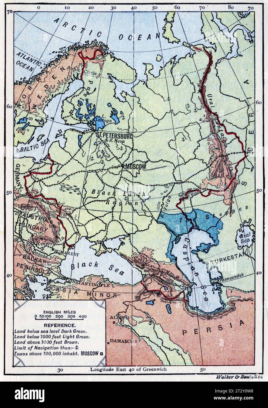 Karte von Russland um 1910 aus einem Lehrbuch für die Geographie der Schule Stockfoto