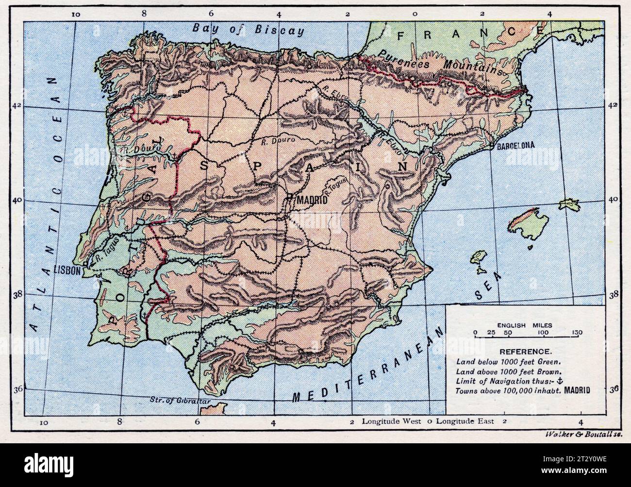 Karte von Spanien um 1910 aus einem Lehrbuch für die Geographie der Schule Stockfoto
