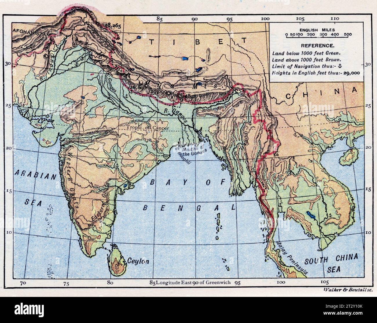 Karte von Indien und Asien um 1910 aus einem Lehrbuch für die Geographie der Schule Stockfoto