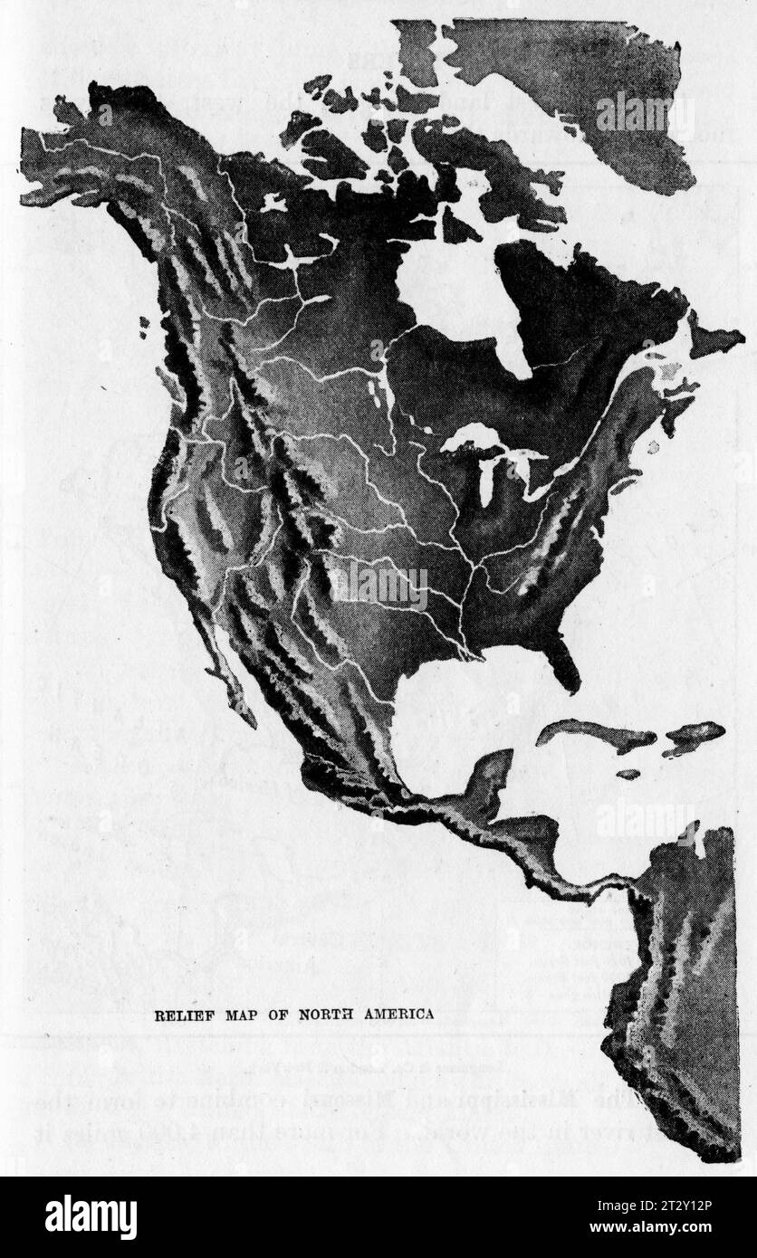 Reliefkarte von Nordamerika um 1910 aus einem Lehrbuch für die Geographie der Schule Stockfoto