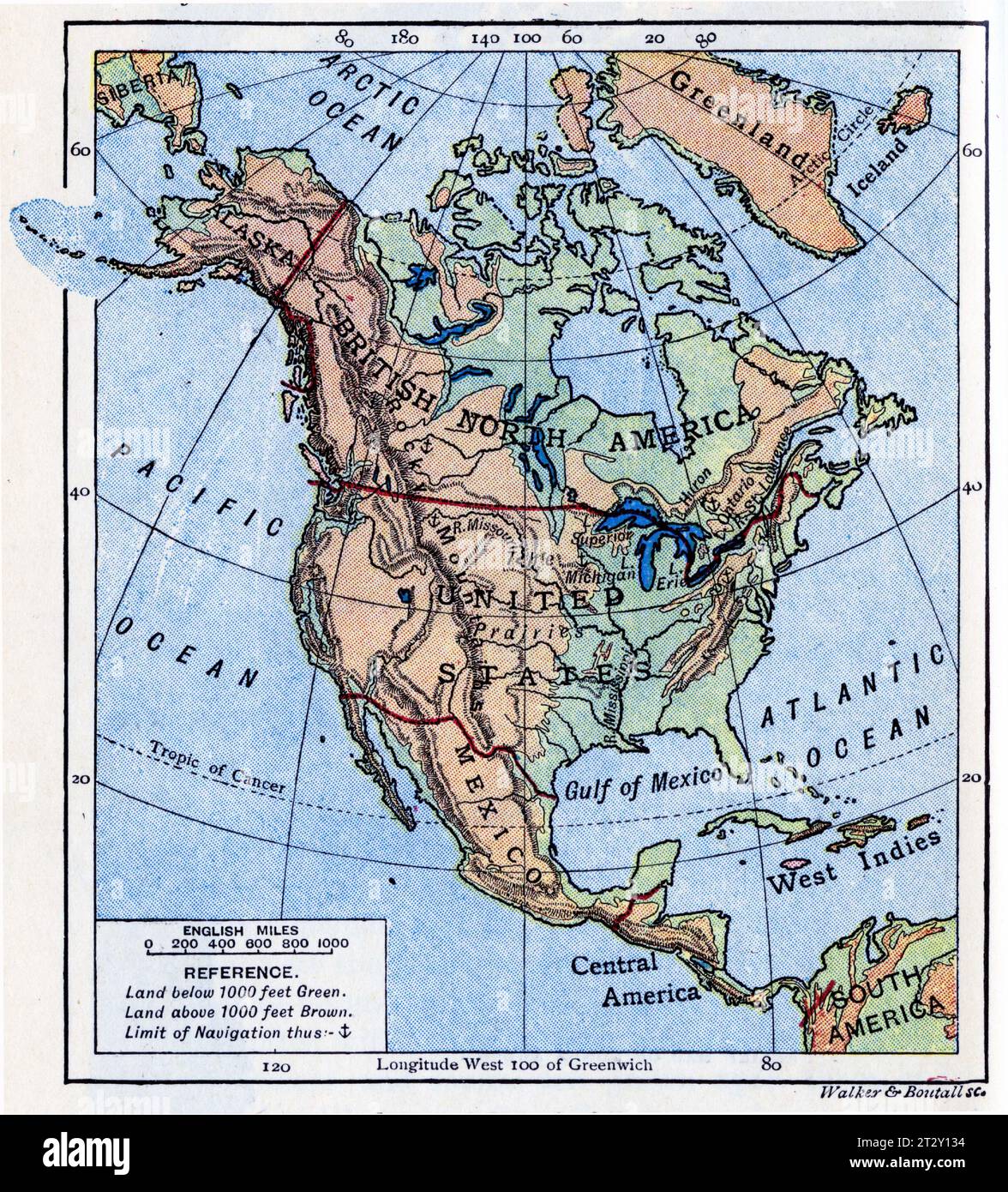Karte von Nordamerika um 1910 aus einem Lehrbuch für die Geographie der Schule Stockfoto