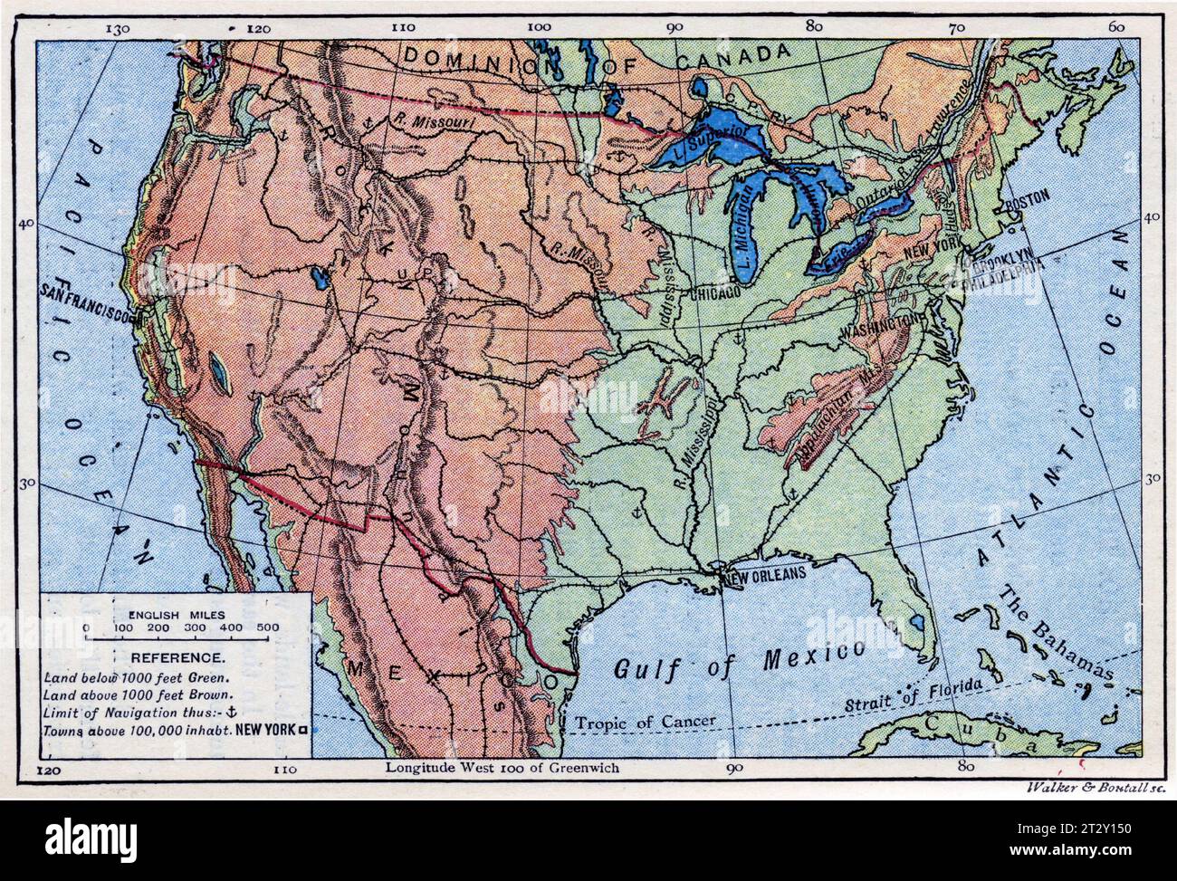Karte der USA um 1910 aus einem Lehrbuch für die Geographie der Schule Stockfoto