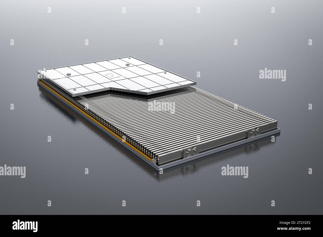 3D-Rendering-Batterie für Elektrofahrzeuge oder Paket mit Lithium-Ionen-Batteriezellen-Modul Stockfoto