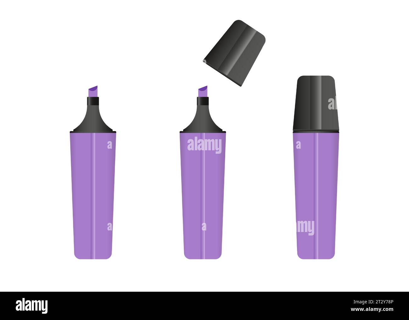Violetter Textmarker, 3 Versionen des Markers in violetter Farbe. Vektorsatz. Stock Vektor