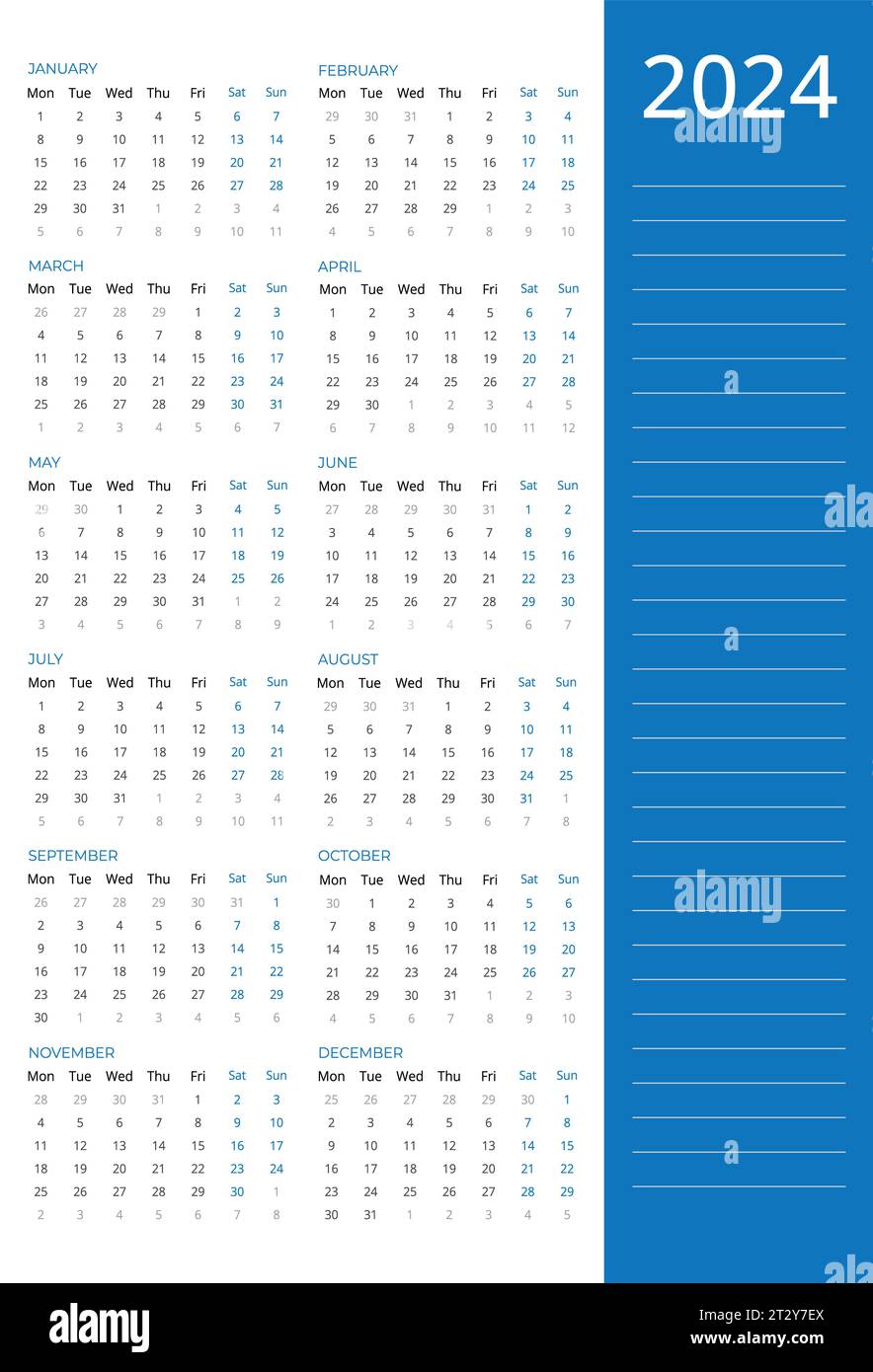 Kalender für 2024, Kalender 2024 Woche ab Montag, Vector 2024 Kalendervorlage, um Ihre Neujahrsplanung zu vereinfachen. Einfaches Kalenderdesign Stockfoto