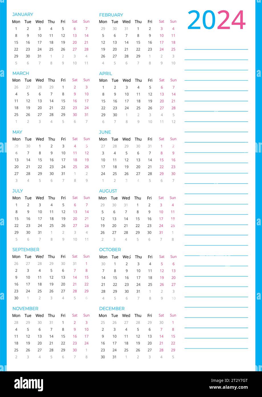 Kalender für 2024, blauer Kalender 2024 Woche ab Montag, Kalendervorlage Vector 2024 für einfache Neujahrsplanung. Einfaches Kalenderdesign Stockfoto