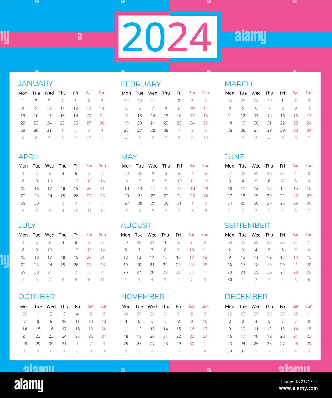 Kalender für 2024, Rosa blauer Kalender 2024 Woche ab Montag, Vektor 2024 Kalendervorlage, Kalenderdesign einfach Stockfoto